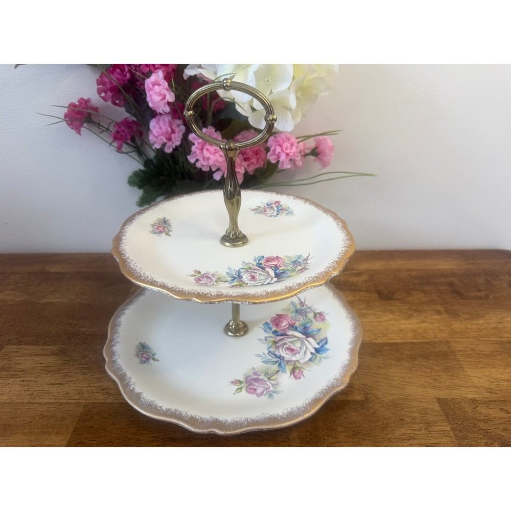 Royal Winton Grimwades Two Tier Cake Stand Pink Roses Gold Trim England Romantic